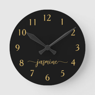 Girly Black Guld minimalist Monogram-skript Rund Klocka
