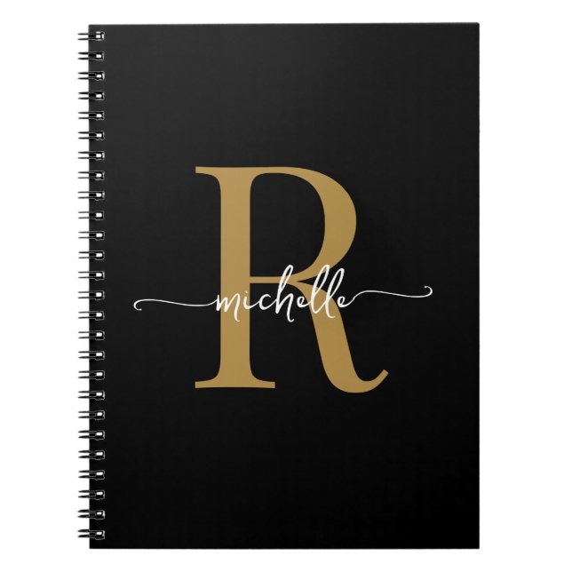 Girly Black Guld Modern Script Monogram Namn Anteckningsbok (Framsidan)