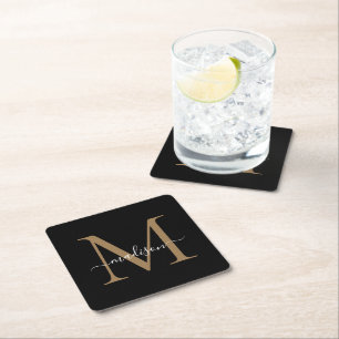 Girly Black Guld Monogram Elegant Modern  Underlägg Papper Kvadrat