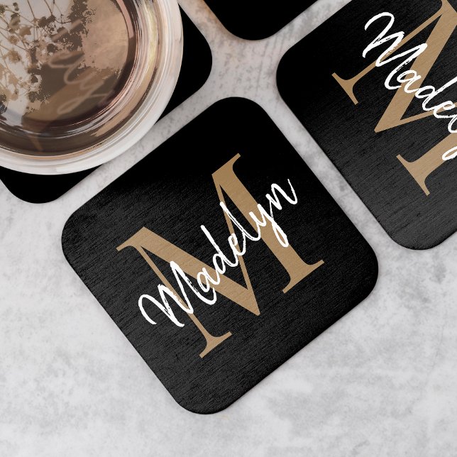 Girly Black Guld Monogram Elegant Modern  Underlägg Papper Kvadrat (Skapare uppladdad)