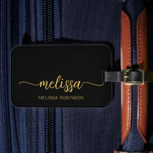 Girly Black Guld Monogram Namn Namnteckning skript Bagagebricka
