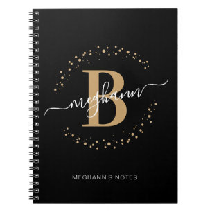 Girly Black Guld Namn Script Monogram School Anteckningsbok