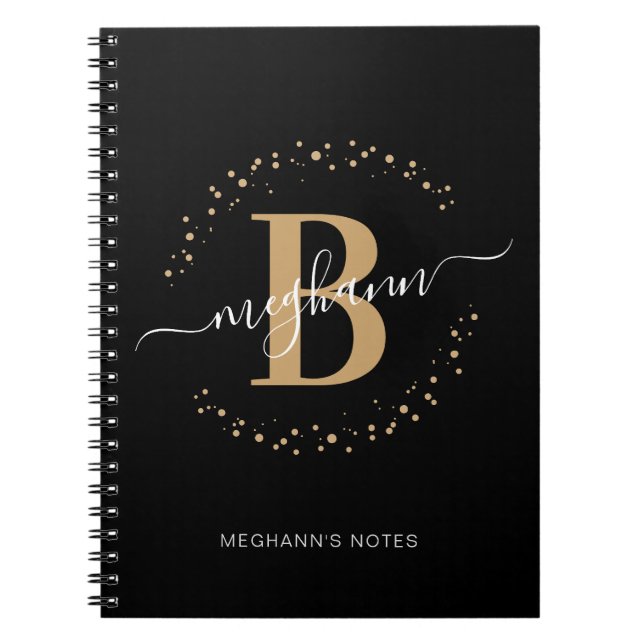 Girly Black Guld Namn Script Monogram School Anteckningsbok (Framsidan)