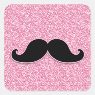 GIRLY BLACK MUSTACHE ROSA GLITTER tryckt Fyrkantigt Klistermärke