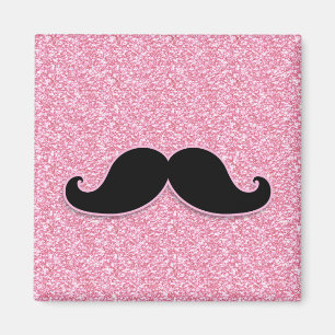 GIRLY BLACK MUSTACHE ROSA GLITTER tryckt Magnet