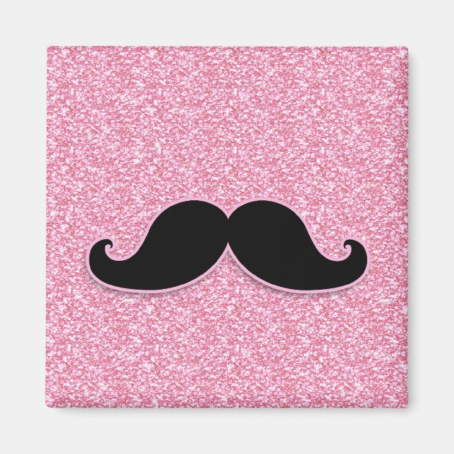 GIRLY BLACK MUSTACHE ROSA GLITTER tryckt Magnet (Framsidan)