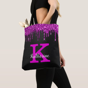 Girly Black Neon Plum Glitter driver Monogram Namn Tygkasse