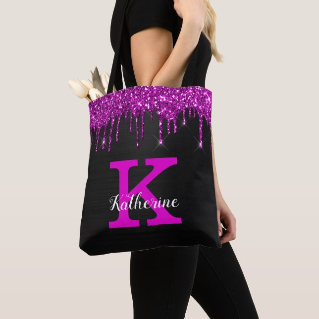 Girly Black Neon Plum Glitter driver Monogram Namn Tygkasse (Närbild)