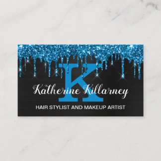 Girly Black Neon Teal Blue Glitter Drives Monogram Visitkort