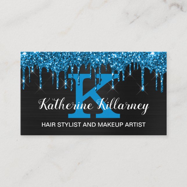 Girly Black Neon Teal Blue Glitter Drives Monogram Visitkort (Framsida)