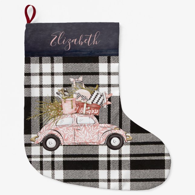 Girly Black Play Rosa Car Monogrammed Stor Julstrumpa (Framsidan)