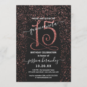 Girly Black Ro Guld Confetti Gräns Quinceañera Inbjudningar