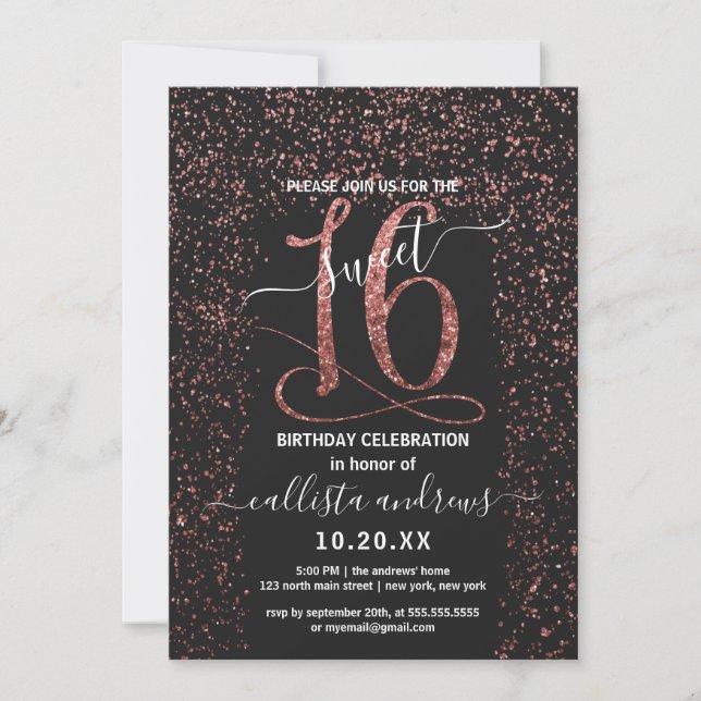 Girly Black Ro Guld Confetti Gräns Sweet 16 Inbjudningar (Framsida)