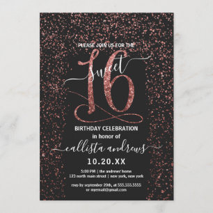Girly Black Ro Guld Confetti Gräns Sweet 16 Inbjudningar