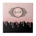 Girly Black Ro Guld Glitter driver Monogram Kakelplatta<br><div class="desc">Ett gigantiskt svart och ro guld glitter droppar keramiskt plattor med ett monogram för elegantens rulla. Anpassa den för dig själv eller för en gåva! Designad av Blackberry Boulevard.</div>