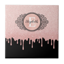 Girly Black Ro Guld Glitter driver Monogram Kakelplatta