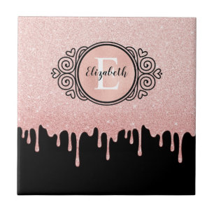 Girly Black Ro Guld Glitter driver Monogram Kakelplatta