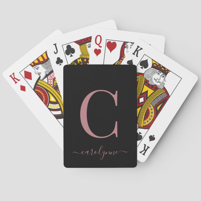 Girly Black Ro Guld Monogram Typografi Casinokort (Baksidan)