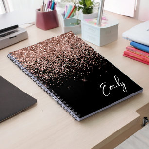 Girly Black Ro Guld Rosa Glitter Monogram Anteckningsbok