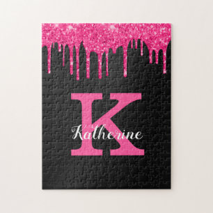 Girly Black Shock rosa Drives Monogram Namn Pussel