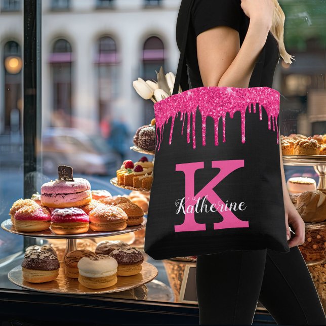 Girly Black Shock rosa Drives Monogram Namn Tygkasse (Skapare uppladdad)