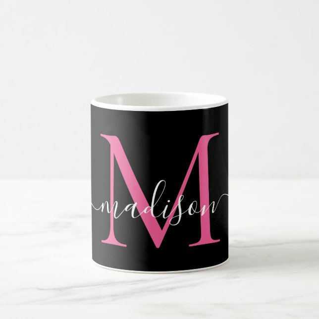 Girly Black Shock rosa Monogram Elegant Script Kaffemugg (Center)