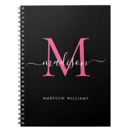 Girly Black Shock rosa Monogram Script Namn Initia Anteckningsbok