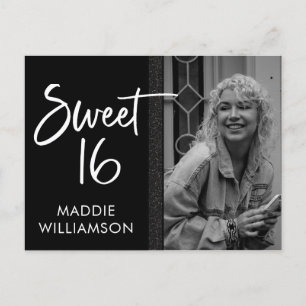 Girly Black & White Glitter Sweet 16 Birthday Inbjudan Vykort