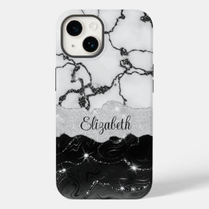 Girly Black White Marble Faux Glitter Monogram