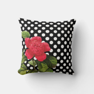Girly Black White Polka dots Red Camellia Flower Kudde