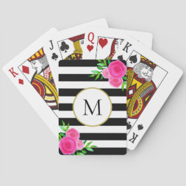 Girly Black White Stripe Rosa Blommigt Monogram Spelkort