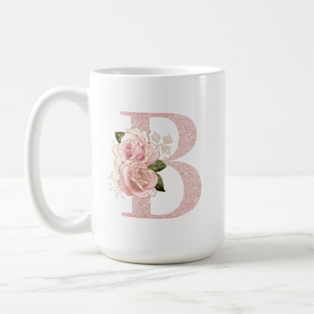 Girly Blek Ro Glitter Guld Blommigt Monogram B Kaffemugg (Vänster)