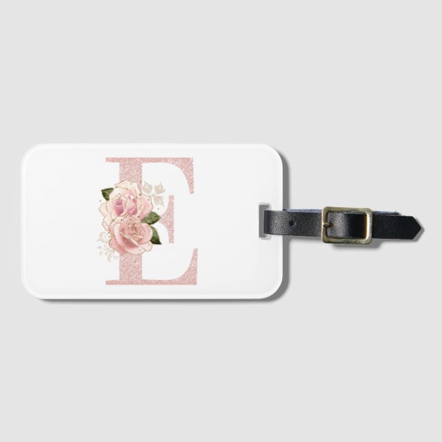 Girly Blek Ro Glitter Guld Blommigt Monogram E Bagagebricka (Framsida horisontal)