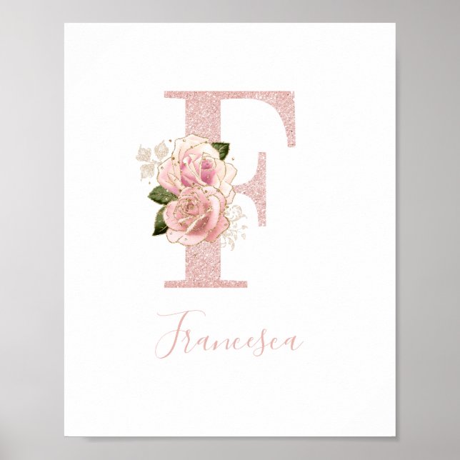Girly Blek Ro Glitter Guld Blommigt Monogram F Poster (Framsidan)