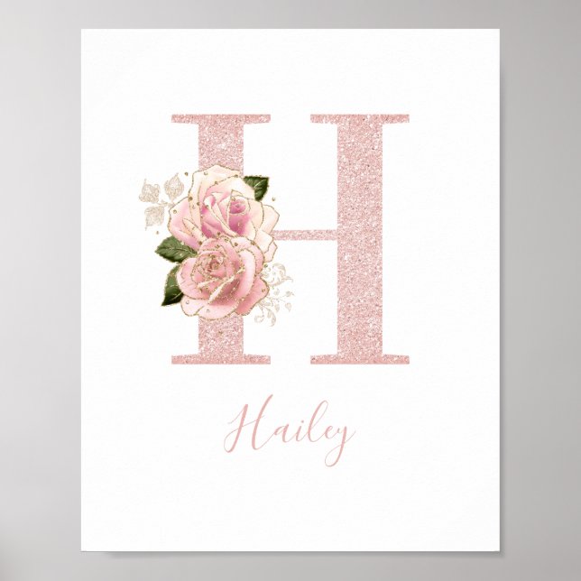 Girly Blek Ro Glitter Guld Blommigt Monogram H Poster (Framsidan)