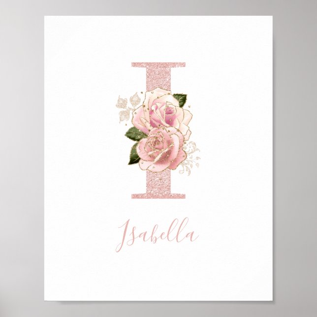 Girly Blek Ro Glitter Guld Blommigt Monogram I Poster (Framsidan)