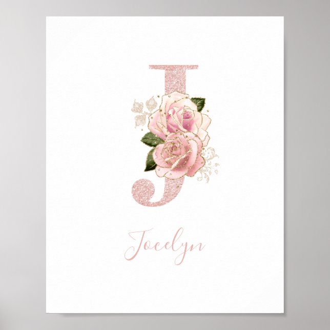 Girly Blek Ro Glitter Guld Blommigt Monogram J Poster (Framsidan)