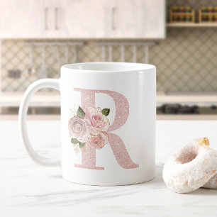 Girly Blek Ro Glitter Guld Blommigt R Monogram Kaffemugg