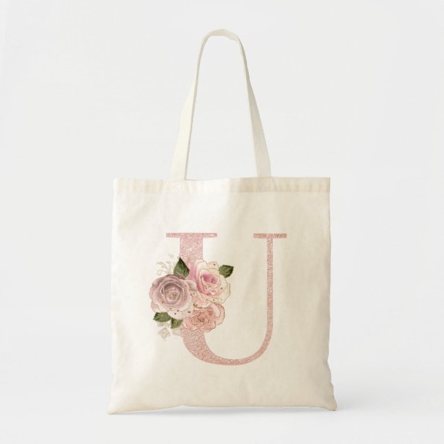 Girly Blek Ro Glitter Guld Blommigt U Monogram Tygkasse (Framsidan)