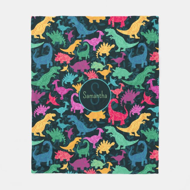 Girly Blommigt Dinosaur Silhouette Girls Fleecefilt (Framsidan)