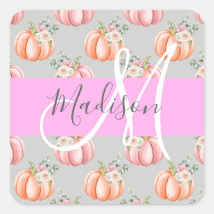 Girly Blommigt Grått Rosa Peach Pumpkin Monogram N Fyrkantigt Klistermärke