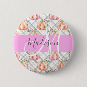 Girly Blommigt Grått Rosa Peach Pumpkin Monogram N Knapp