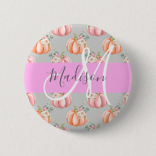 Girly Blommigt Grått Rosa Peach Pumpkin Monogram N Knapp
