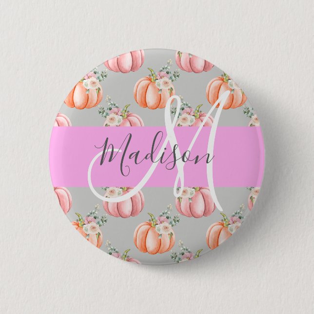 Girly Blommigt Grått Rosa Peach Pumpkin Monogram N Knapp (Framsida)