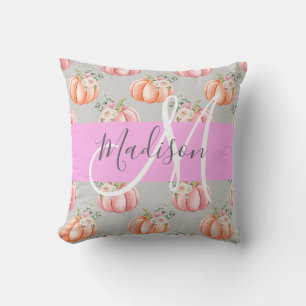 Girly Blommigt Grått Rosa Peach Pumpkin Monogram N Kudde