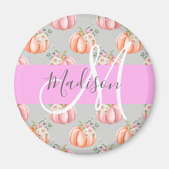 Girly Blommigt Grått Rosa Peach Pumpkin Monogram N Magnet (Framsidan)