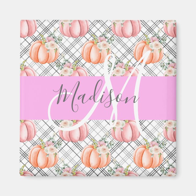 Girly Blommigt Grått Rosa Peach Pumpkin Monogram N Magnet (Framsidan)
