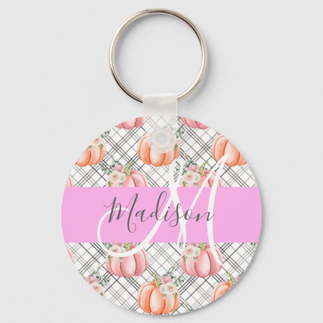 Girly Blommigt Grått Rosa Peach Pumpkin Monogram N Nyckelring (Framsida)