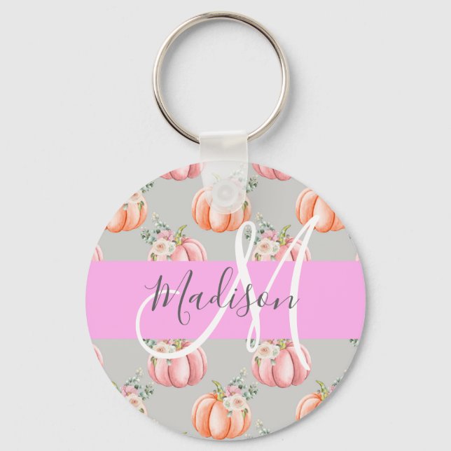 Girly Blommigt Grått Rosa Peach Pumpkin Monogram N Nyckelring (Framsida)