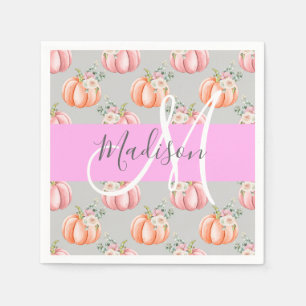 Girly Blommigt Grått Rosa Peach Pumpkin Monogram N Pappersservett
